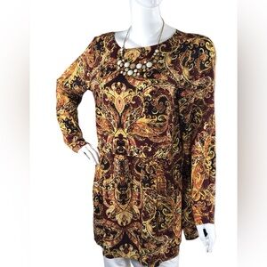 J Jill Medium (M) Tunic Blouse Rich Fall Burgundy Paisley Rayon Women's